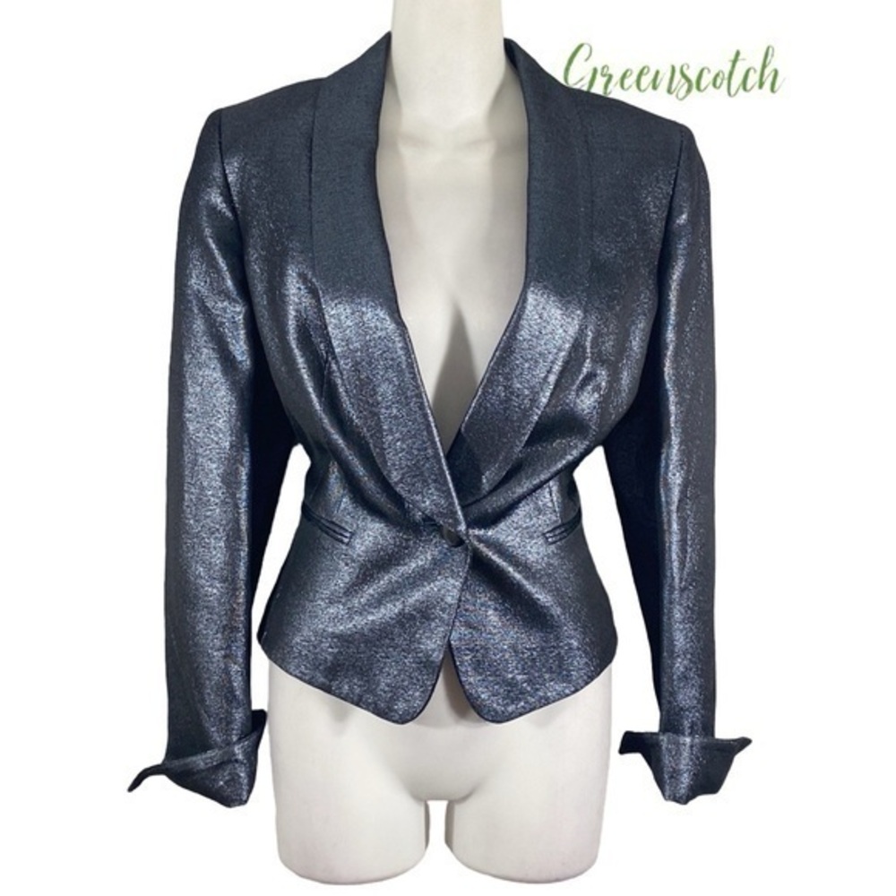Anne Klein metallic gray-blue silver one button blazer jacket 10